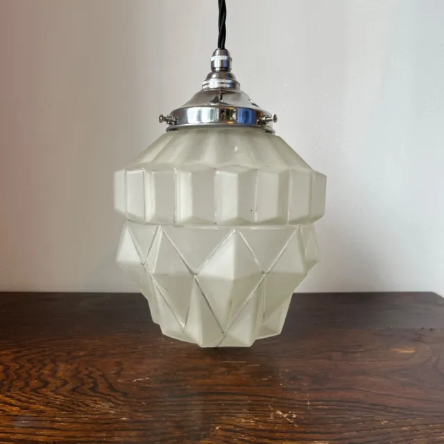 Antique Art Deco geometric clear glass pendant light, 1930s frosted glass light