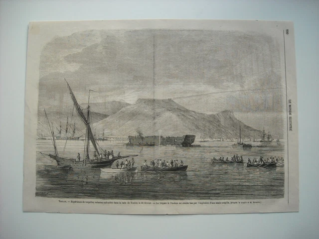 Gravure 1866. Toulon. Experience Torpilles Volantes Executees En Rade De Toulon.