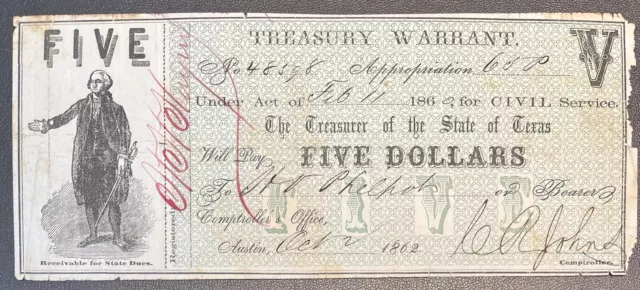 5 Dollars - Treasury Warrant State of TEXAS - Obsolete Currency Note #59196