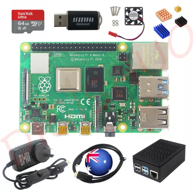 AU Raspberry Pi 4B Model B 2/4/8GB RAM DIY Kit Case Fan Sandisk 64G SD Card HDMI