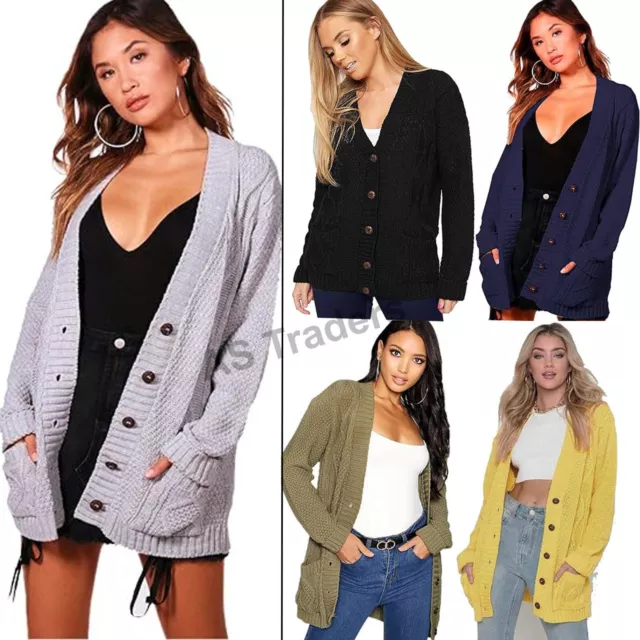 Women Ladies Cable Chunky Knit Cardigan Button Long Sleeves Grandad Cardigan