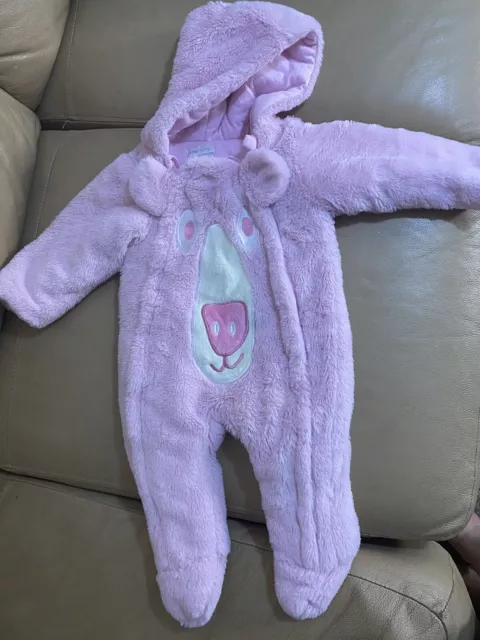 pitter potter pink girls fluffy hooded snowsuit age 3-6 month