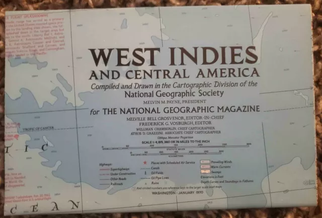 National Geographic Original Jan 1970 Map Of West Indies And Central America