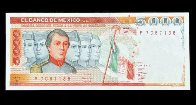 1982 Mexico Paper Money 5000 Pesos SA Cadets Ninos Heroes Banknote Super Rare AU