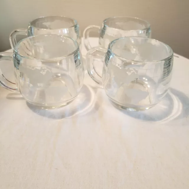 Vintage Nestle Nescafe Etched Clear Glass Old World Globe Coffee Cup Mug set 4