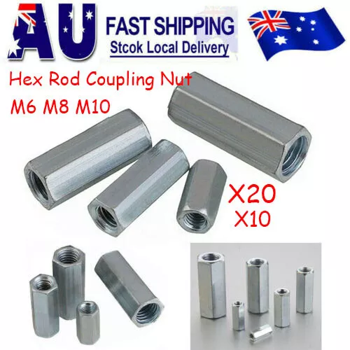 10/20X M6 M8 M10 Hex Rod Coupler Nut Metric Coupling Nuts Connector Zinc Plated