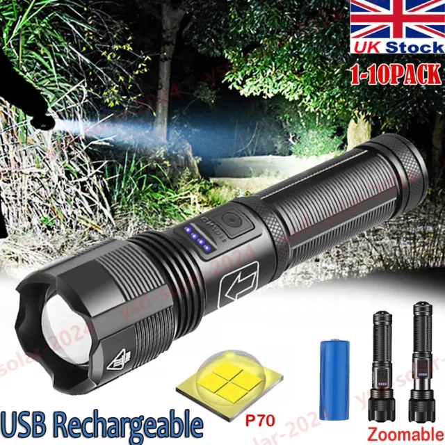 99000000LM LED Flashlight Police Torch P70 Rechargeable Powerful Zoom w/ Battery