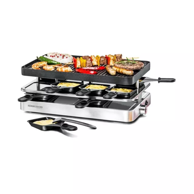 Rommelsbacher RC 1400 Raclette, 1200W, antihaftbeschichtet, 8 Pfännchen und 8 Sc