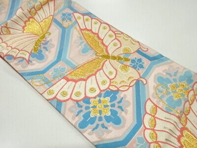 70989# Japanese Kimono / Antique Fukuro Obi / Woven Butterfly