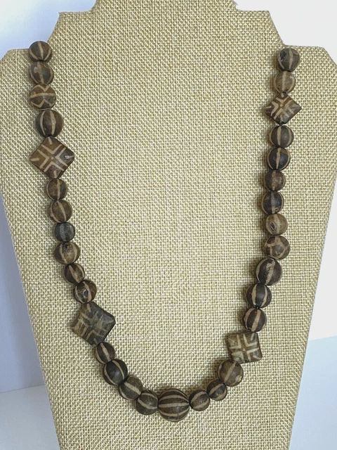 Pumtek Carved Opalized Wood Stone Beads Necklace From Mizoram NE India Antique