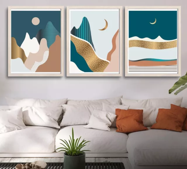 Set Of 3 Teal Abstract Boho Mountain Moon Sky Digital Wall Art Home Decor