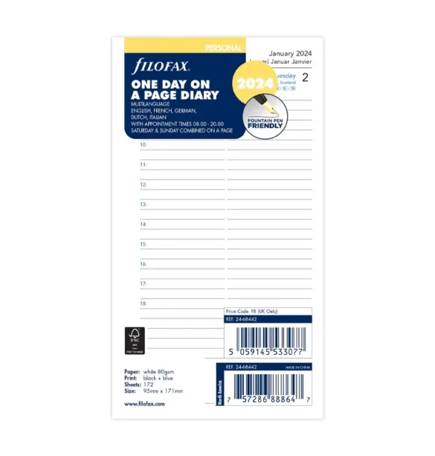 Filofax Ringbuch 24-68418 Kalendereinlage 2024 Personal Format 1Tag/Seite Planer