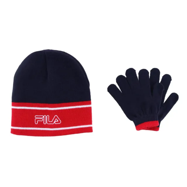 New Fila Kids' Striped Logo Knit Winter Beanie and Glove Set