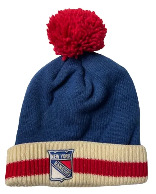 New York Rangers CCM NHL Team Logo Pom Knit Hockey Hat/Beanie Blue Red White