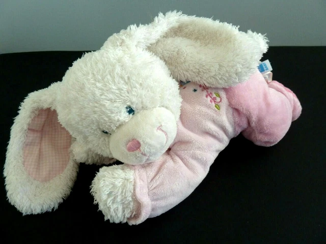 * DOUDOU MUSICAL TEX BABY LAPIN ROSE BLANC ALLONGE OISEAU VICHY 25cms -TTBE