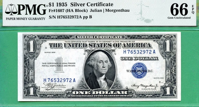 1935 PLAIN $1 SC - PMG GEM 66 with EPQ - Fr 1607 HA block - 1935 PLAIN $1 SC