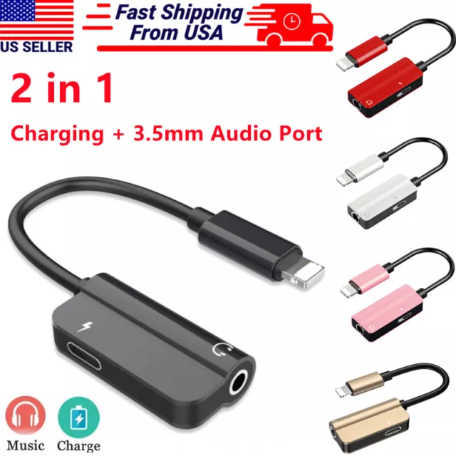 2 in 1 Audio Splitter Adapter 3.5mm Headphone Jack Adapter & Charger for iPhone