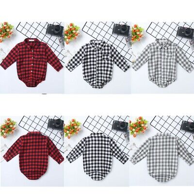 Newborn Baby Boys Romper One-piece Shirt Plaid Clothes Long Sleeve Kids Jumpsuit