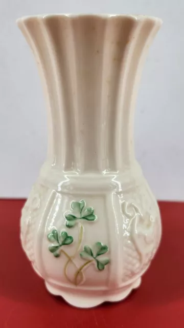 BELLEEK Small VASE 4 3/4” Ivory with Green Shamrock Collectible IRISH Lovely!