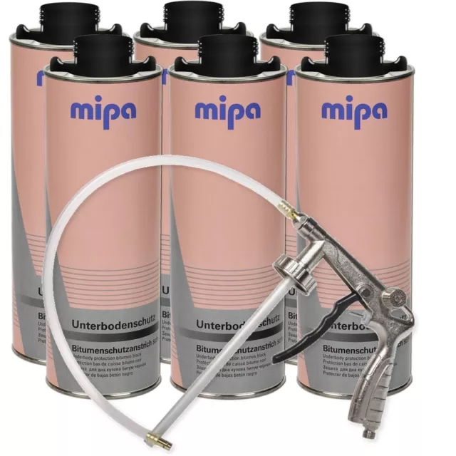 Mipa UBS Set 6x Unterbodenschutz Bitumen 1L + Druckluft Unterbodenschutz Pistole