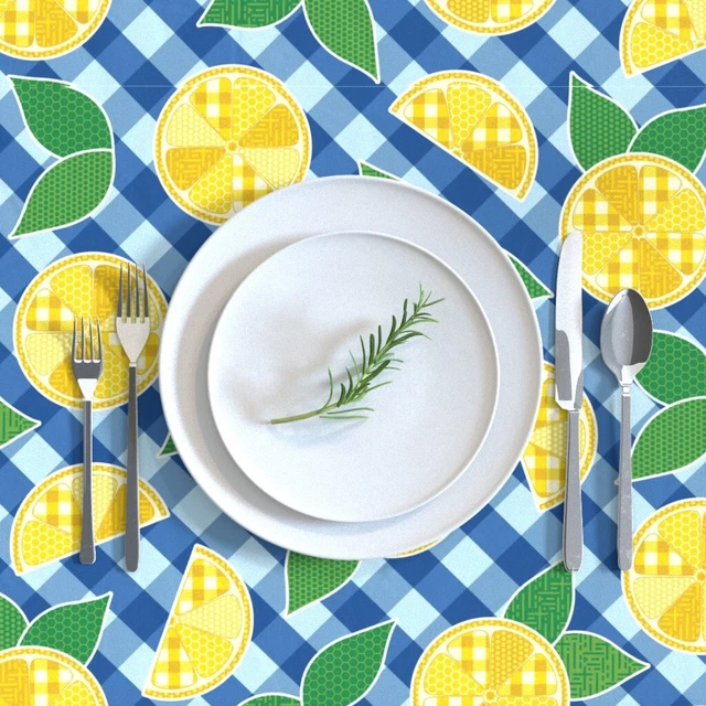 Tablecloth Lemons Picnic Lemonade Blue Yellow Bright Fruit Gingham Cotton Sateen