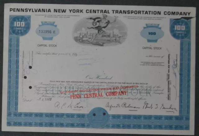 Pennsylvania New York Central Transportation Company 1969 100 Shares