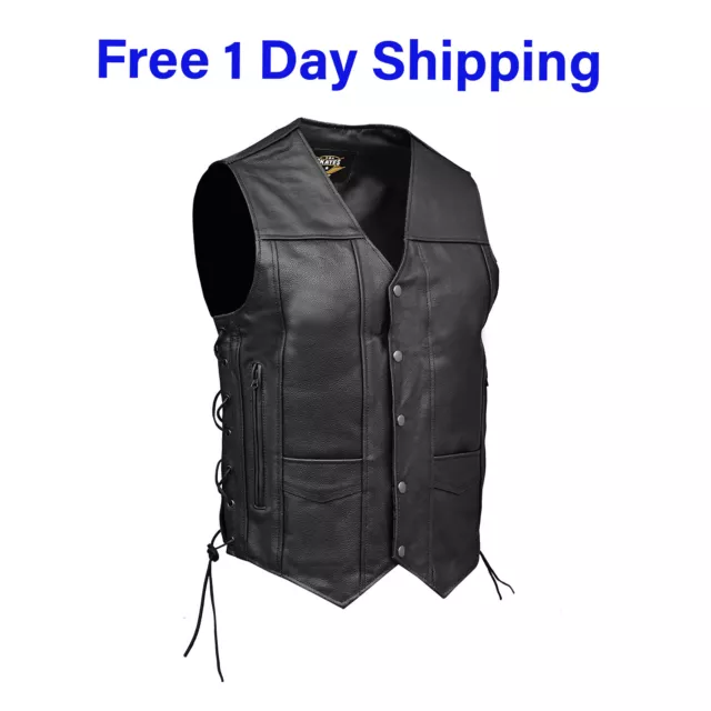 Skates Sports Men Black Side Laces Real Leather waistcoat Motorcycle Biker Vest