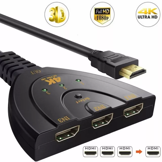 HDMI Switch 4K, 3-Port HDMI Splitter  Switcher  Supports 4K, Full HD  Cable