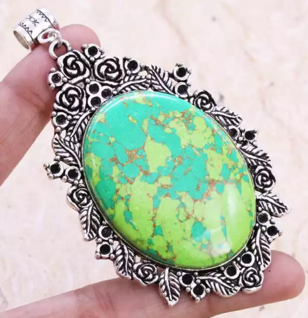 Copper Green Turquoise Art Piece 925 Silver Plated Pendant of 3"