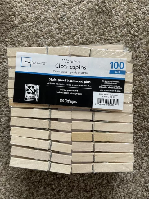 Mainstays Wooden Clothespins - 100-Pack, Stain-Proof Hardwood, Rust-Resistant