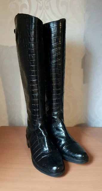 DUNE WOMEN S BLACK leather croc effect riding boots UK 5 EUR 38