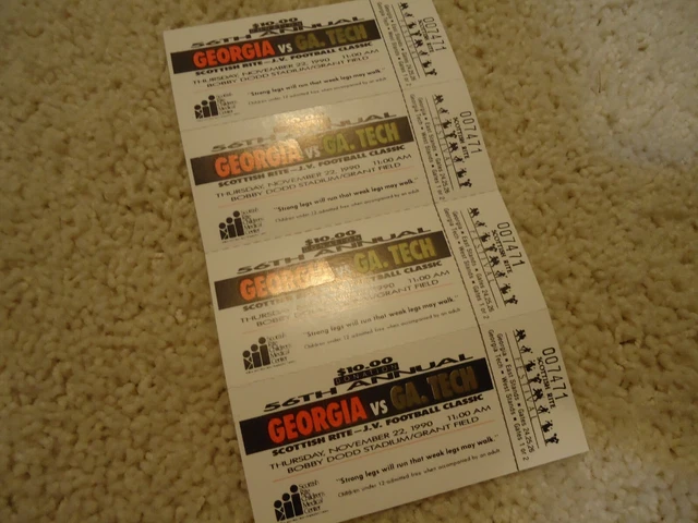 Lot of 4 Georgia Bulldogs vs. Georgia Tech UNUSED JV Football Tickets  1990 4