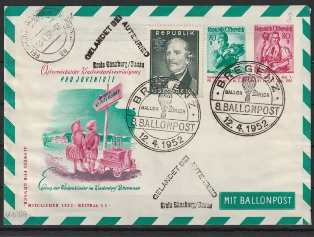 Österreich 8. Ballonpost GA Brief  ZuF Bregenz 1952, Landung Autenried #1096753