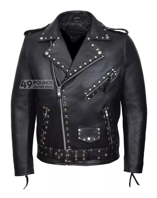 Men's Studded BRANDO Jacket Classic Biker Style 100% REAL LEATHER MBF