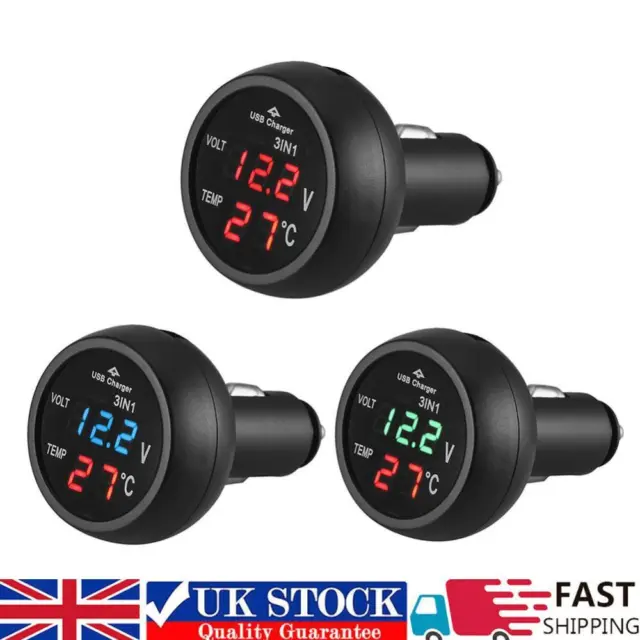 DC 12V/24V Car LED Digital Voltmeter Gauge Volt Meter+Thermometer+USB Charger UK