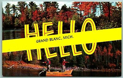 Dual View Banner Greetings Hello From Grand Blanc MI UNP Chrome Postcard G1