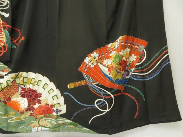 2213T07z830 Antique Japanese Kimono Silk TOMESODE Hand drum Black 6