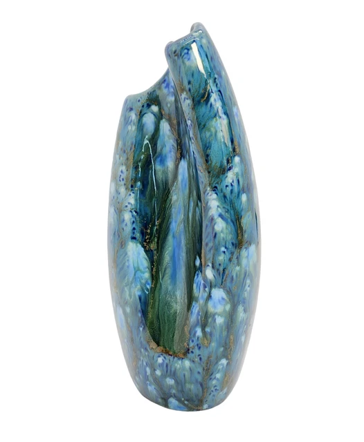 VTG 1960S ART Pottery Blue Teal Green Gold Speckled Vase Drip Glaze 8"H