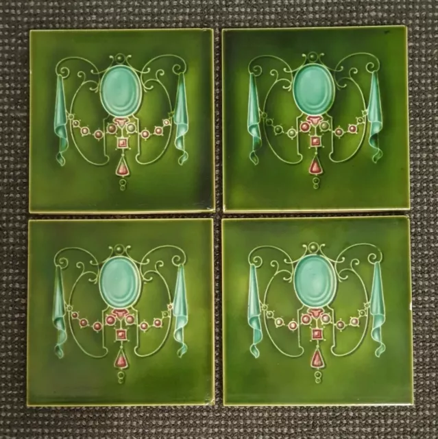 🔶️4 English Majolica Art Nouveau Jugendstil Aesthetic Fireplace Tiles T R Boote