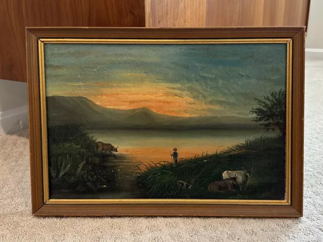 19th Century Luminous Sunset Over Mountain Lake Naive Oil Painting on Board