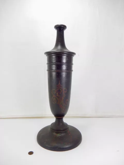 Antique Turned Wood Urn With Old Black Painted Finish & Hand Decorated.