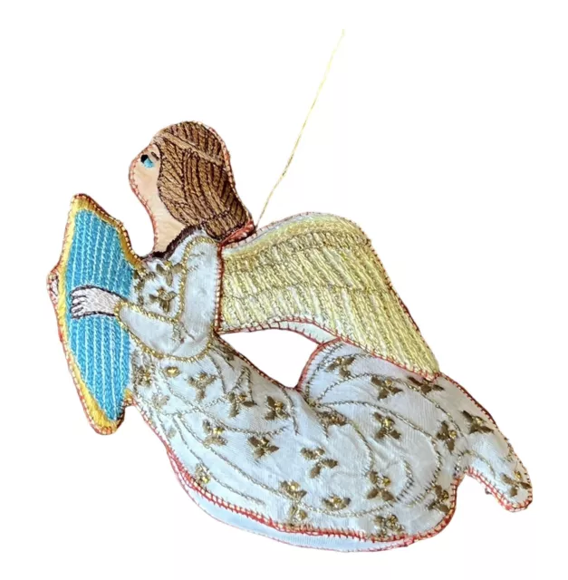 Vintage Embroidered Fabric Flying Angel w/ Harp Christmas Ornament