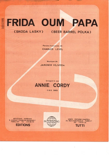 Partition chant piano acc guitare GF Cop. 1934 - Annie CORDY - Frida oum papa