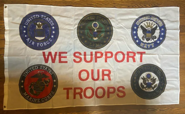 WE SUPPORT OUR TROOPS ARMY USMC 5 LOGO 3x5ft FLAG superior fade resist us seller