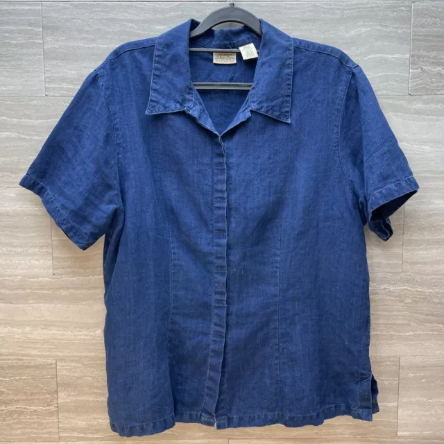 VTG 90’s St Johns Bay Women’s Size L 100% Linen Blue Button Up Short Sleeve Top