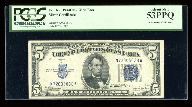DBR $5 1934-C Silver Fr. 1653W NA Block Wide Face PCGS 53 PPQ Serial N72005038A