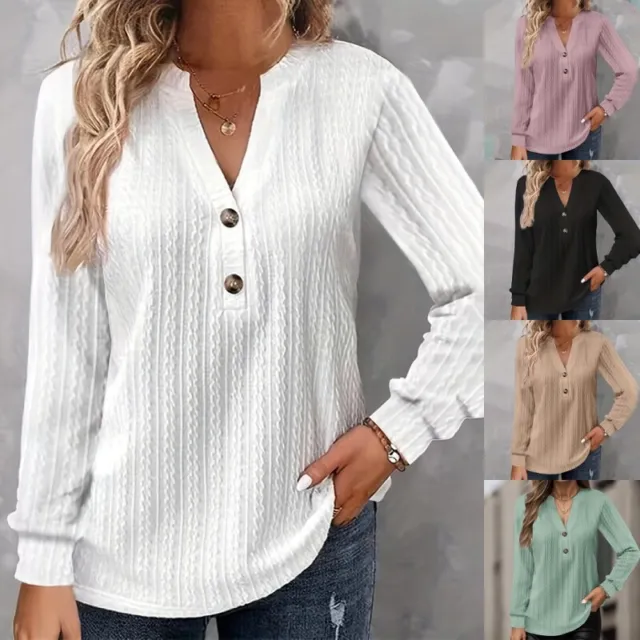 Womens V Neck Knitted Tops Ladies Long Sleeve Baggy Button Plain T Shirt Blouse