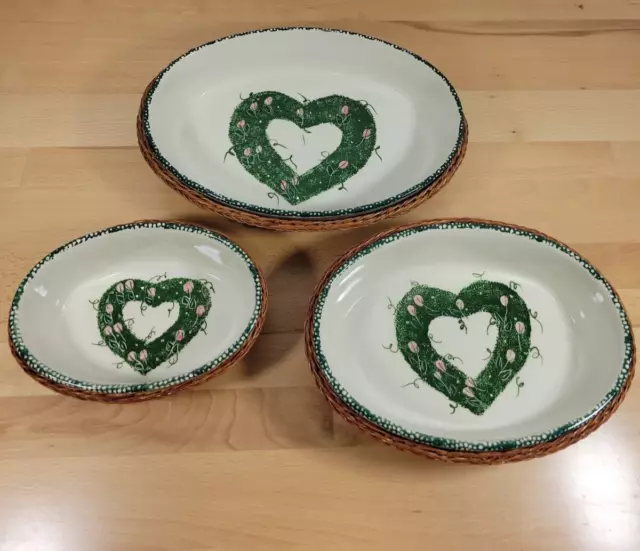 3 Piece Nesting Ceramic Oval Casserole With Wicker Baskets Green Hearts Flowers