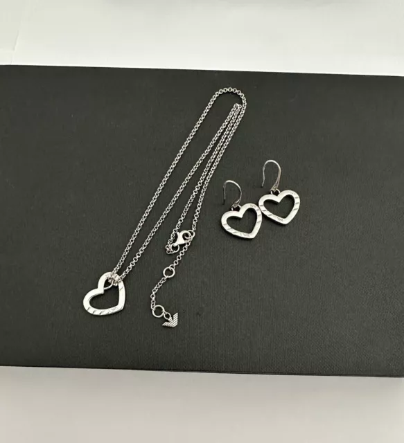 Genuine Emporio Armani Logo Heart Earrings Necklace Set Sterling Silver 925 Set