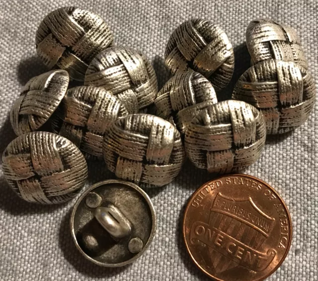 12 Domed Silver Tone Metal Shank Buttons Weave Look Almost 5/8" 15mm # 8231